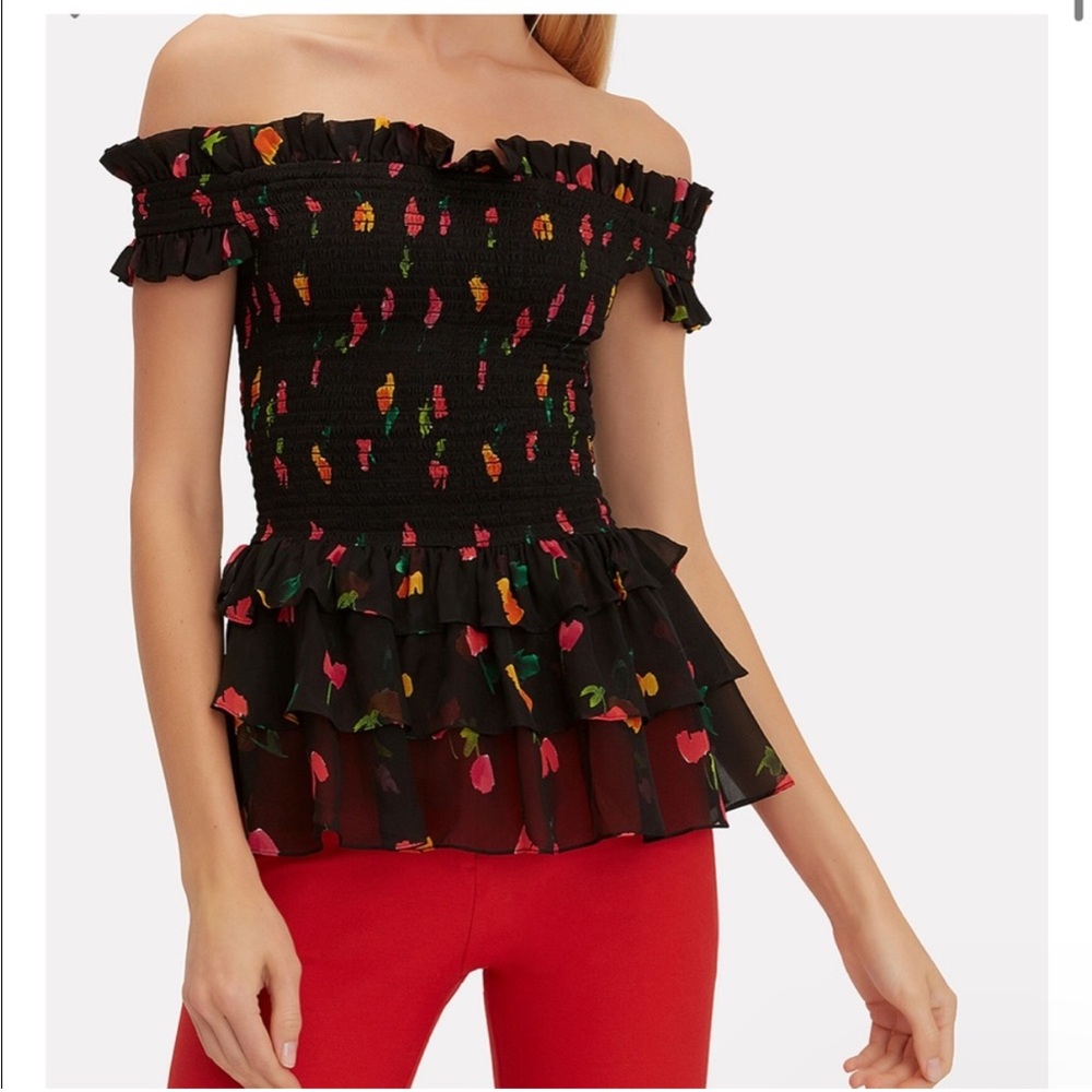 Caroline Constas Silk Hydra Smocked Off the Shoulder Top Floral Watercolor Print